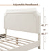 Left facing close up of a modern white boucle upholstered queen bed that highlights its adjustable height headboard