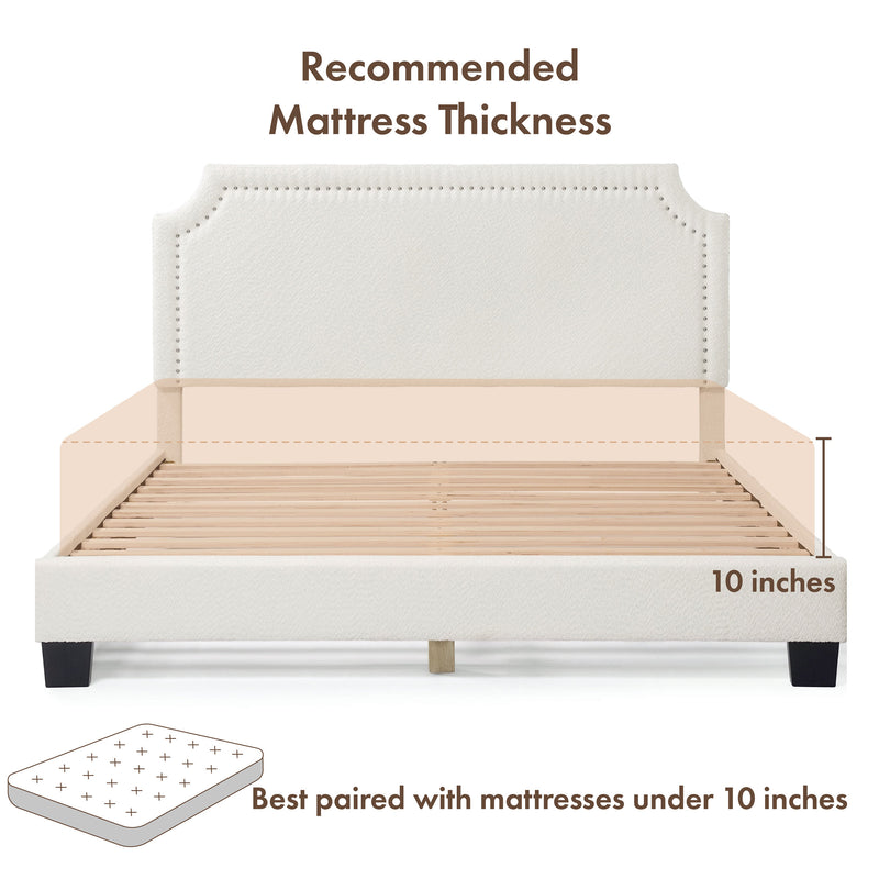 Front facing modern white boucle upholstered queen bed on a white background that highlights its recommended mattress thickness