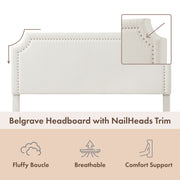 Front facing close up of a modern white boucle upholstered queen bed that highlights its headboard features