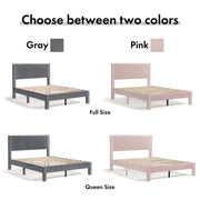 Four-panel image showing the color and size options available with a modern velvet textured headboard full platform bed on a white background