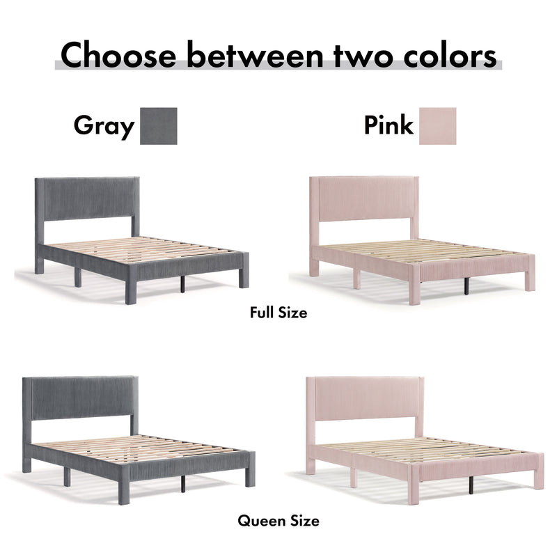 Four-panel image showing the color and size options available with a modern velvet textured headboard full platform bed on a white background