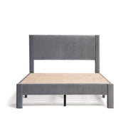 Front facing modern gray velvet textured headboard full platform bed on a white background