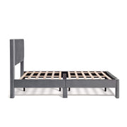 Front facing side view of a modern gray velvet textured headboard full platform bed on a white background