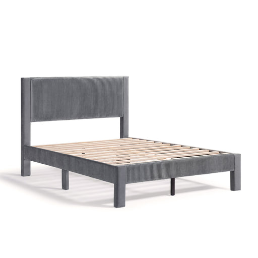 Right facing modern gray velvet textured headboard full platform bed on a white background