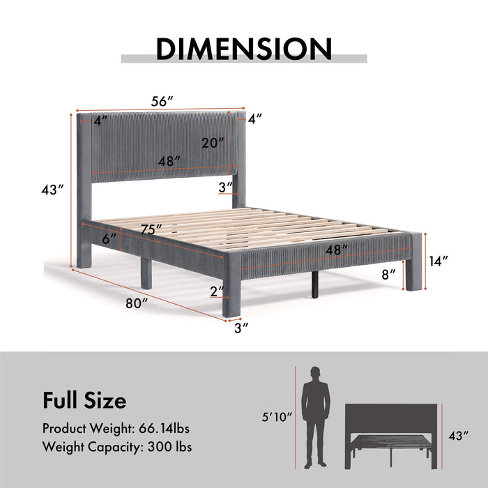 Right facing modern gray velvet textured headboard full platform bed on a white background overlaid with dimensions and  additional info panel