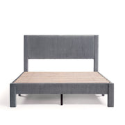 Front facing modern gray velvet textured headboard queen platform bed on a white background