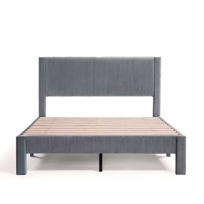 Front facing modern gray velvet textured headboard queen platform bed on a white background