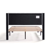 Front facing back view of a modern gray velvet textured headboard queen platform bed on a white background