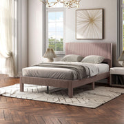 Left facing modern pink velvet textured headboard full platform bed in a room with linens and accessories