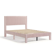 Right facing modern pink velvet textured headboard full platform bed on a white background
