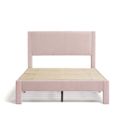 Front facing modern pink velvet textured headboard full platform bed on a white background