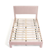 Front facing high-camera view of a modern pink velvet textured headboard full platform bed on a white background
