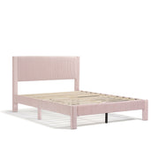 Right facing modern pink velvet textured headboard queen platform bed on a white background