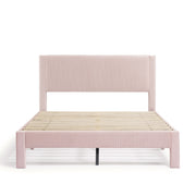 Front facing modern pink velvet textured headboard queen platform bed on a white background