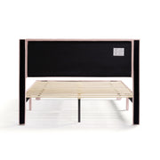 Front facing back view of a modern pink velvet textured headboard queen platform bed on a white background
