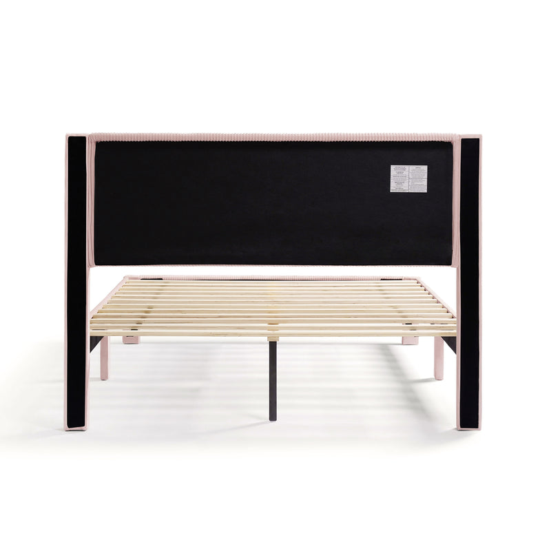 Front facing back view of a modern pink velvet textured headboard queen platform bed on a white background
