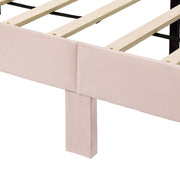 Left facing close up view of the support leg and slats on a modern pink velvet textured headboard queen platform bed on a white background