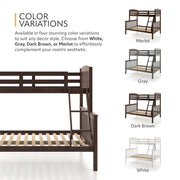 Informational image showing the color variations available for a Mission style twin-over-full dark brown wood bunk bed