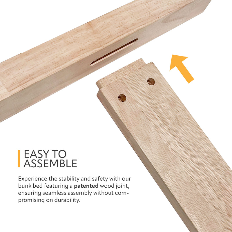 Informational image showing the easy assembly of a Mission style twin-over-full dark brown wood bunk bed