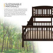 Informational image showing the sustainable materials of a Mission style twin-over-full dark brown wood bunk bed