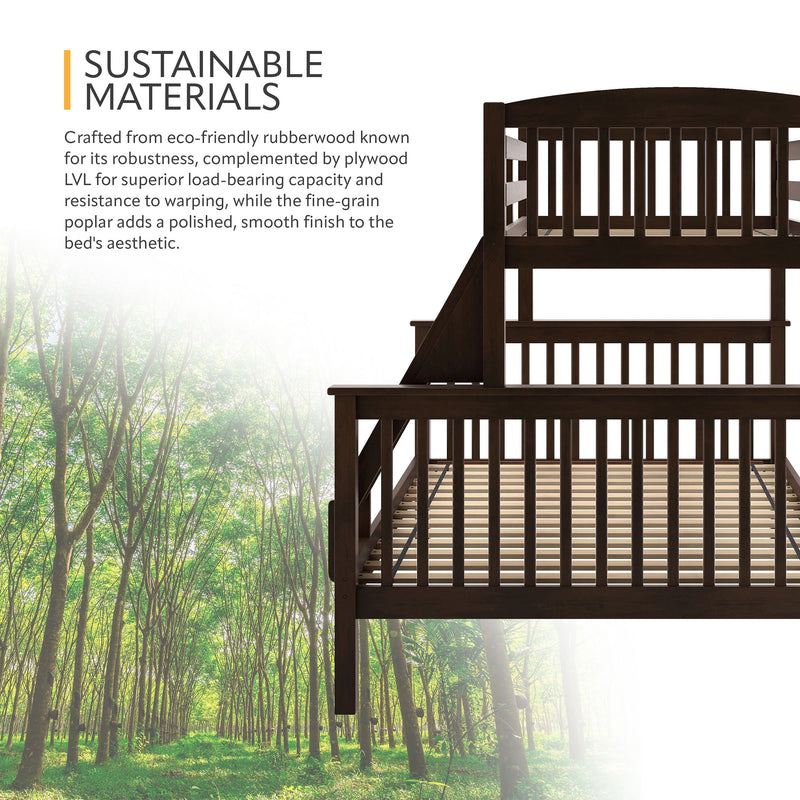Informational image showing the sustainable materials of a Mission style twin-over-full dark brown wood bunk bed