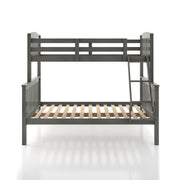 Front facing Mission style twin-over-full grey wood bunk bed on a white background