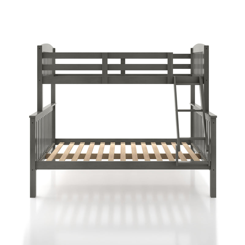Front facing Mission style twin-over-full grey wood bunk bed on a white background