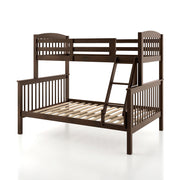 Left facing Mission style twin-over-full merlot wood bunk bed on a white background