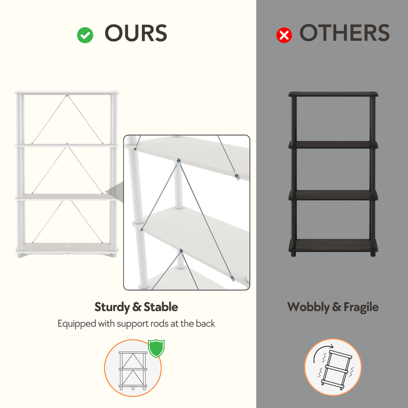 Informational image showcasing modular shelving unit with feature of support rods