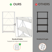 Informational image showcasing modular shelving unit with feature of support rods