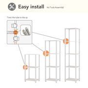 Informational image showcasing modular shelving unit with feature of easy install
