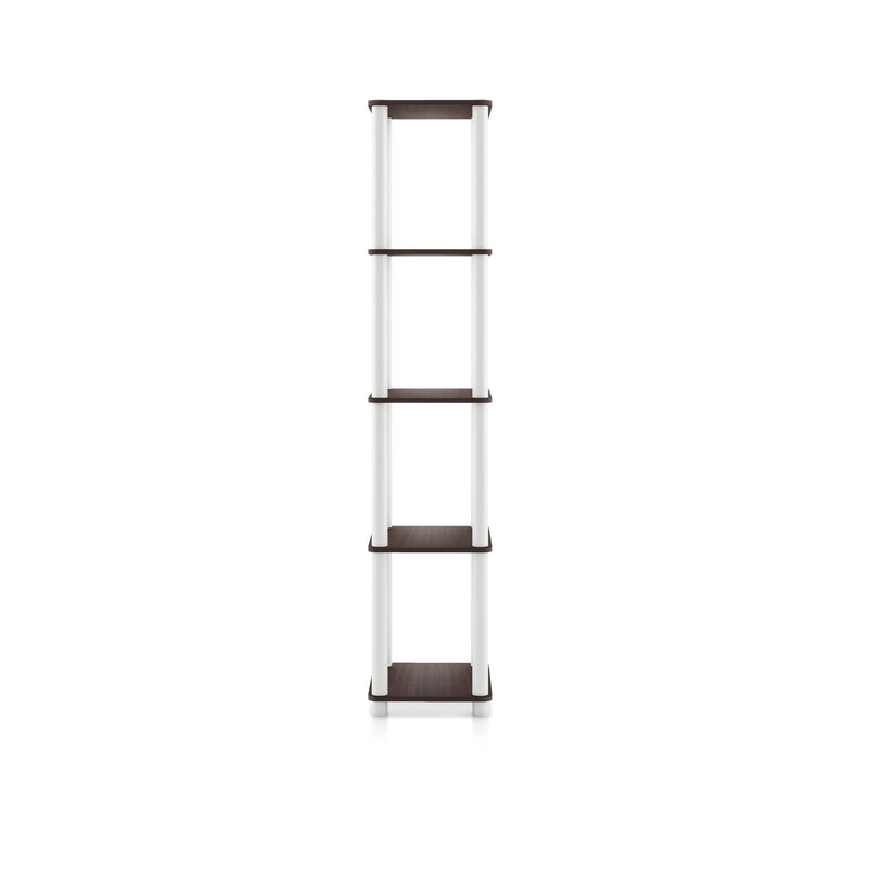 Left side facing of a four-shelf modular shelving unit on a white background