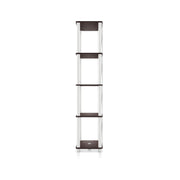 Left side facing of a four-shelf modular shelving unit with support rods on a white background