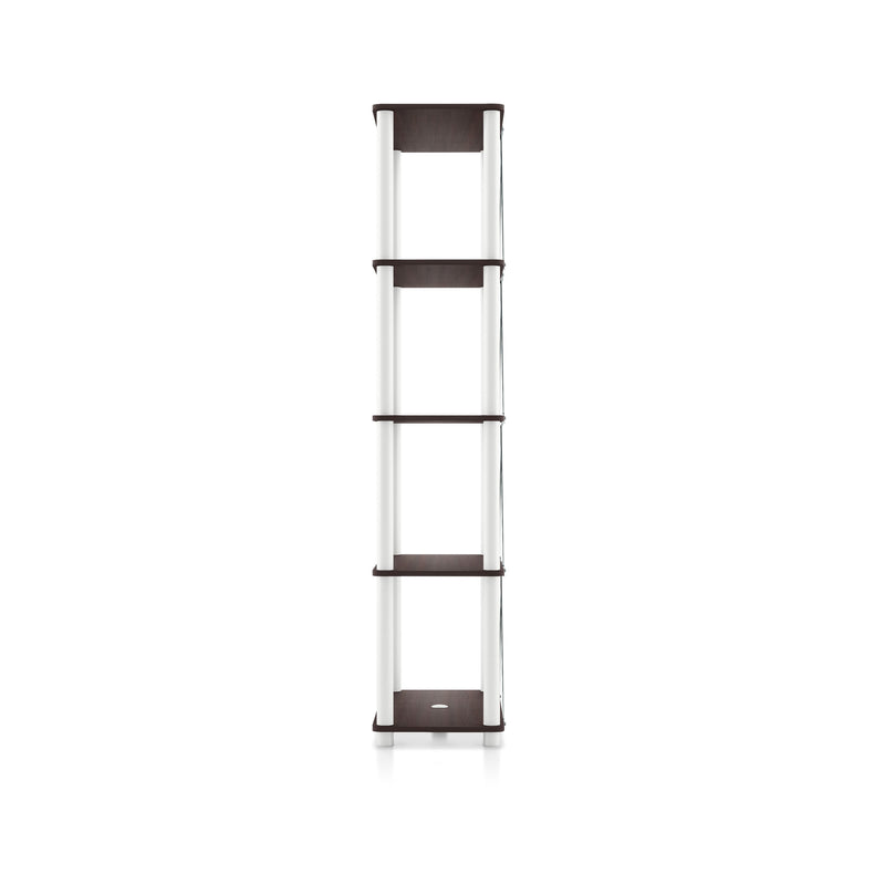 Left side facing of a four-shelf modular shelving unit with support rods on a white background