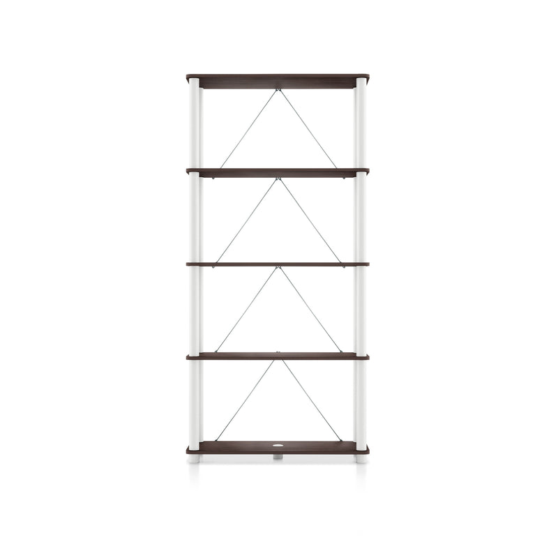 Front facing of a four-shelf modular shelving unit with support rods on a white background