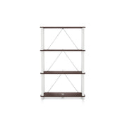 Front facing of a three-shelf modular shelving unit with support rods on a white background