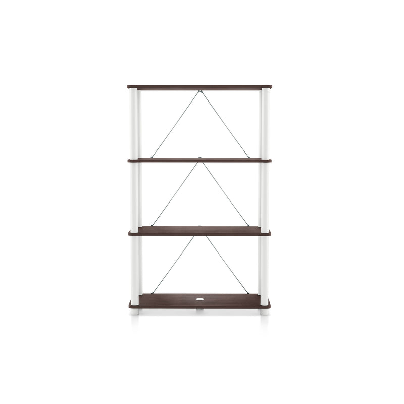 Front facing of a three-shelf modular shelving unit with support rods on a white background