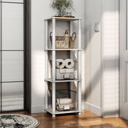 Right facing of a two-shelf modular shelving unit in a room with accessories