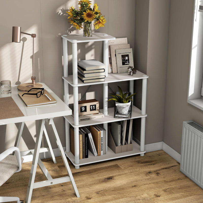 Right facing high-camera view of a five-shelf modular shelving unit with support rods in a room with accessories