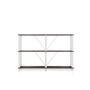 Front facing of a four-shelf modular shelving unit with support rods on a white background