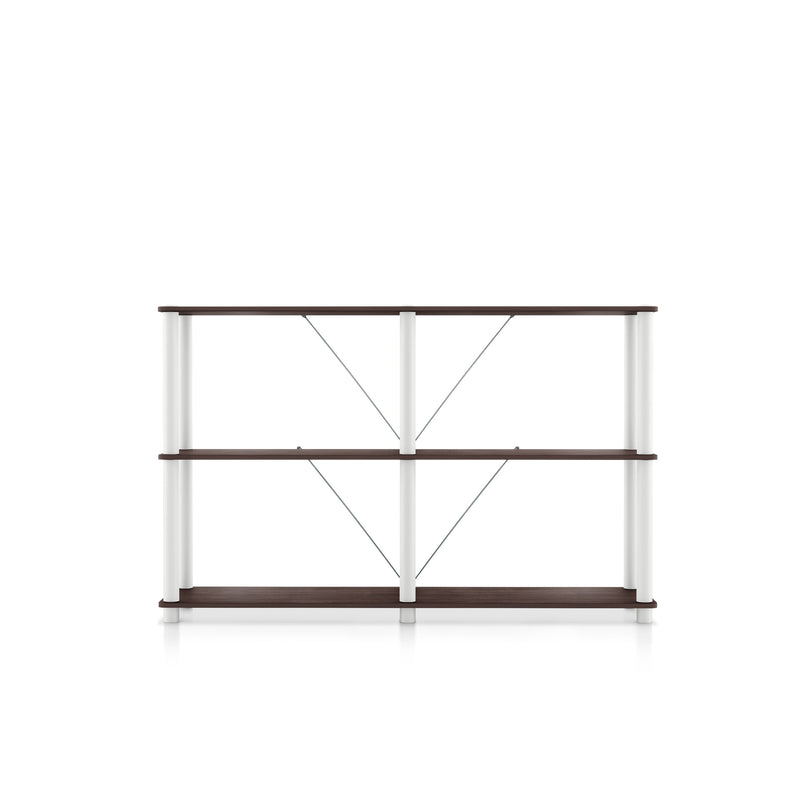 Front facing of a four-shelf modular shelving unit with support rods on a white background