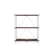 Front facing of a two-shelf modular shelving unit with support rods on a white background