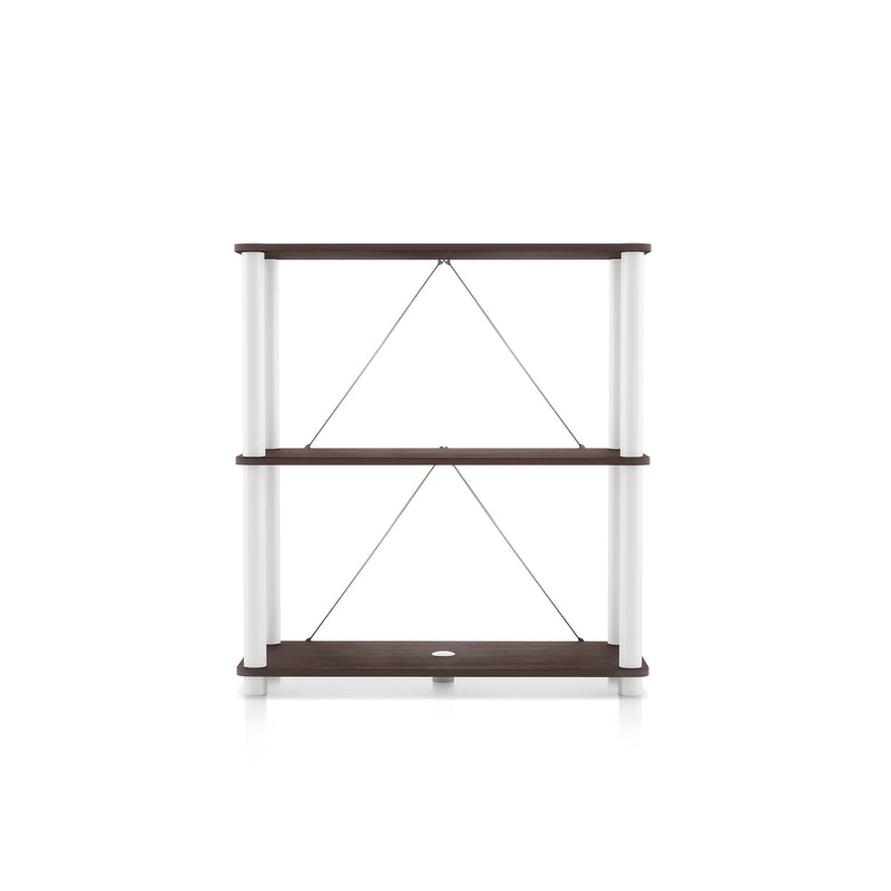 Front facing of a two-shelf modular shelving unit with support rods on a white background