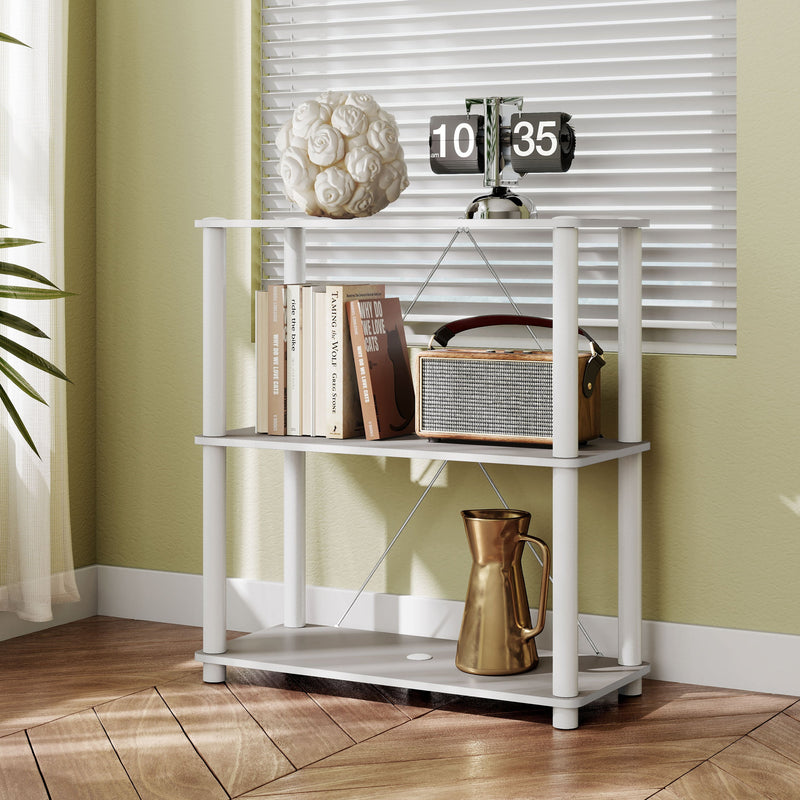 Fight facing of a two-shelf modular shelving unit with support rods in a room with accessories