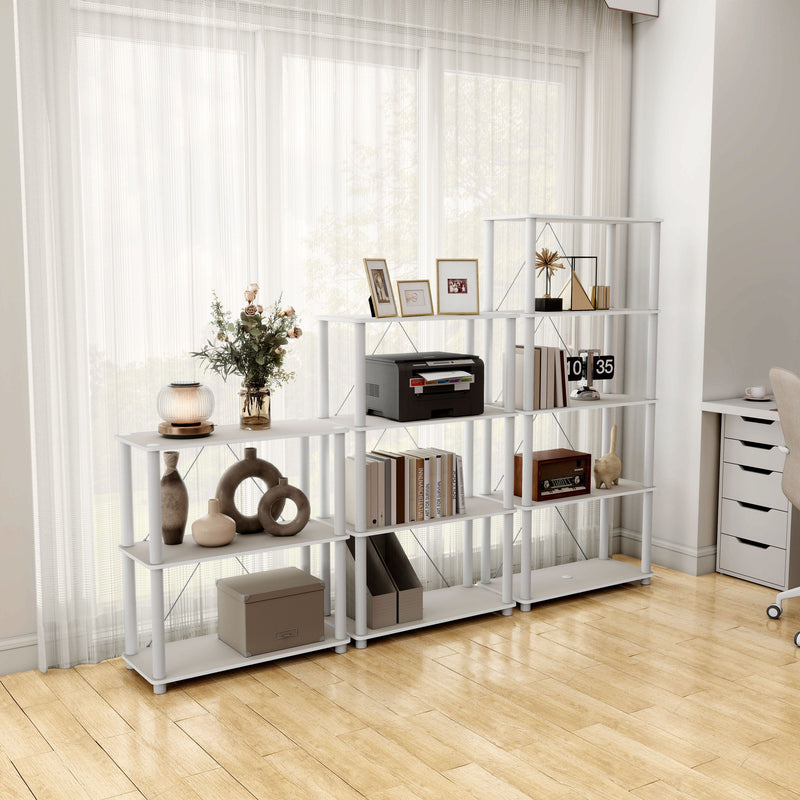 Right facing of three shelf modular shelving units with support rods in a room with accessories