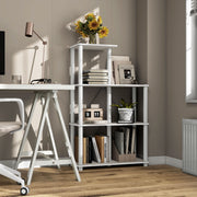 Right facing of two five-shelf modular shelving units with support rods in a room with accessories