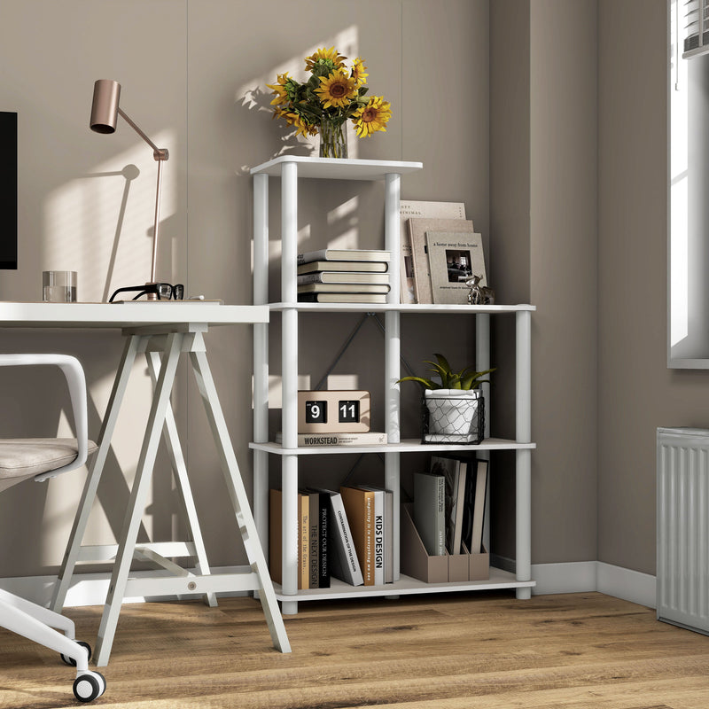 Right facing of two five-shelf modular shelving units with support rods in a room with accessories