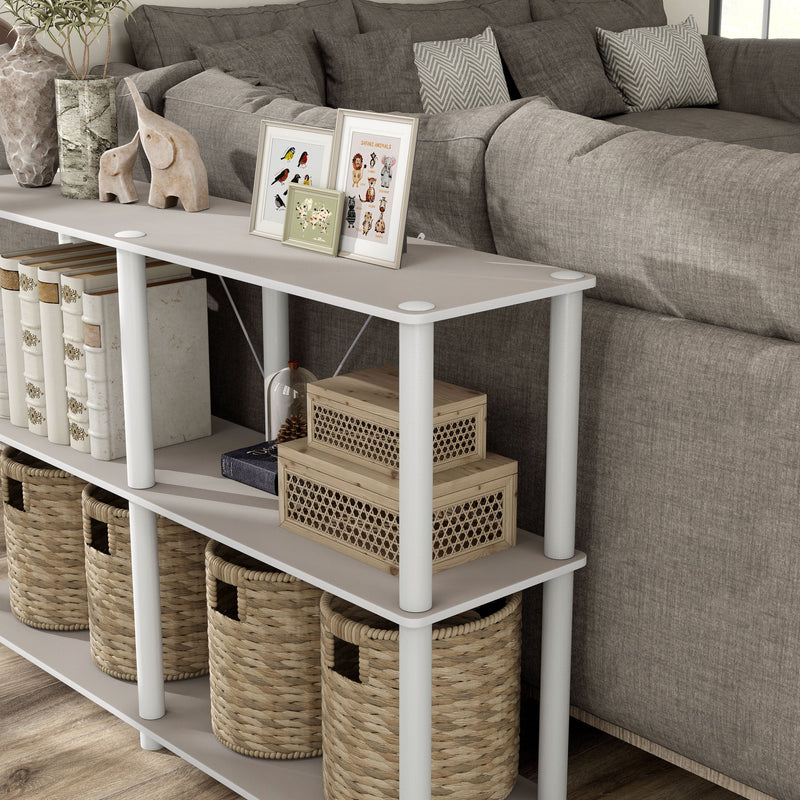 Left facing of the corner of a four-shelf modular shelving unit with support rods in a room with accessories