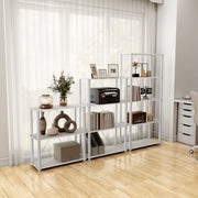 Right facing of three various wide-shelf modular shelving units with support rods in a room with accessories