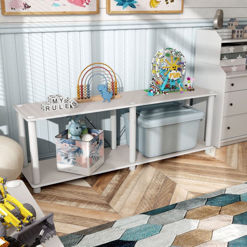 Right facing high-camera view of a two-shelf modular shelving unit with support rods in a room with accessories